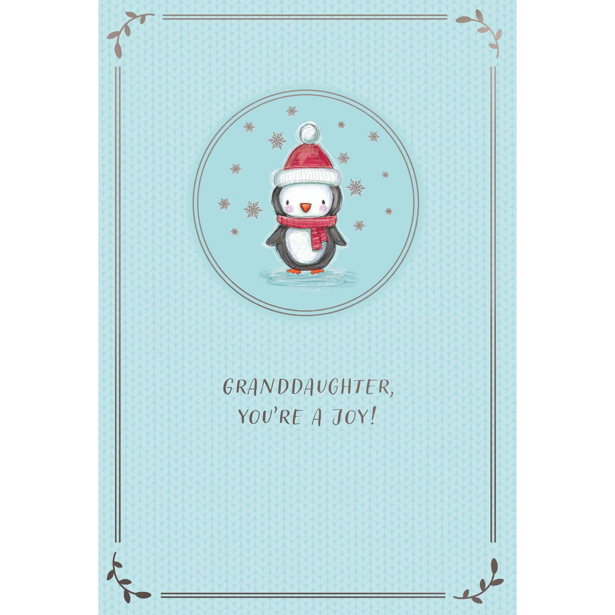 Cute tiny penguin Christmas card for granddaughter by Pictura featuring festive seasonal holiday design